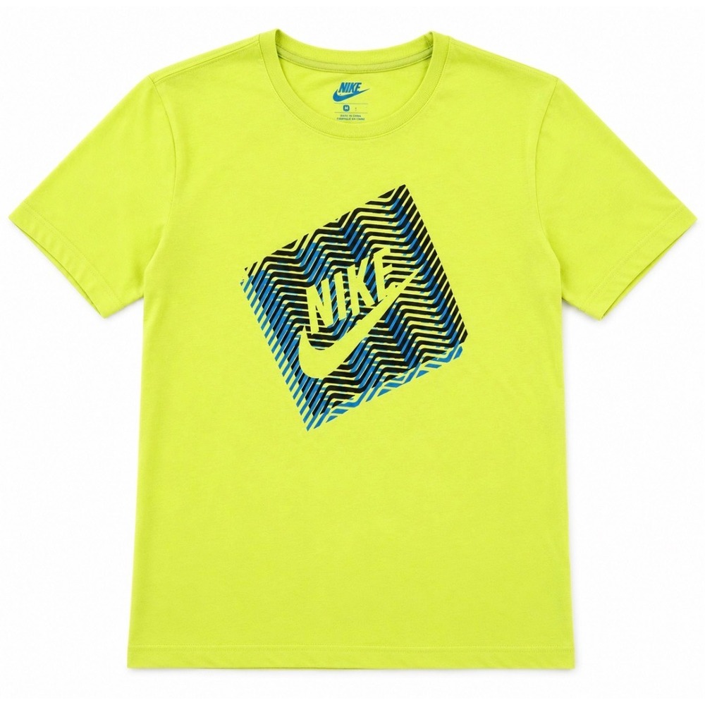 Nike Graphic Logo T-Shirt Mens Medium Volt Yellow Blue Athletic Cotton Blend Tee